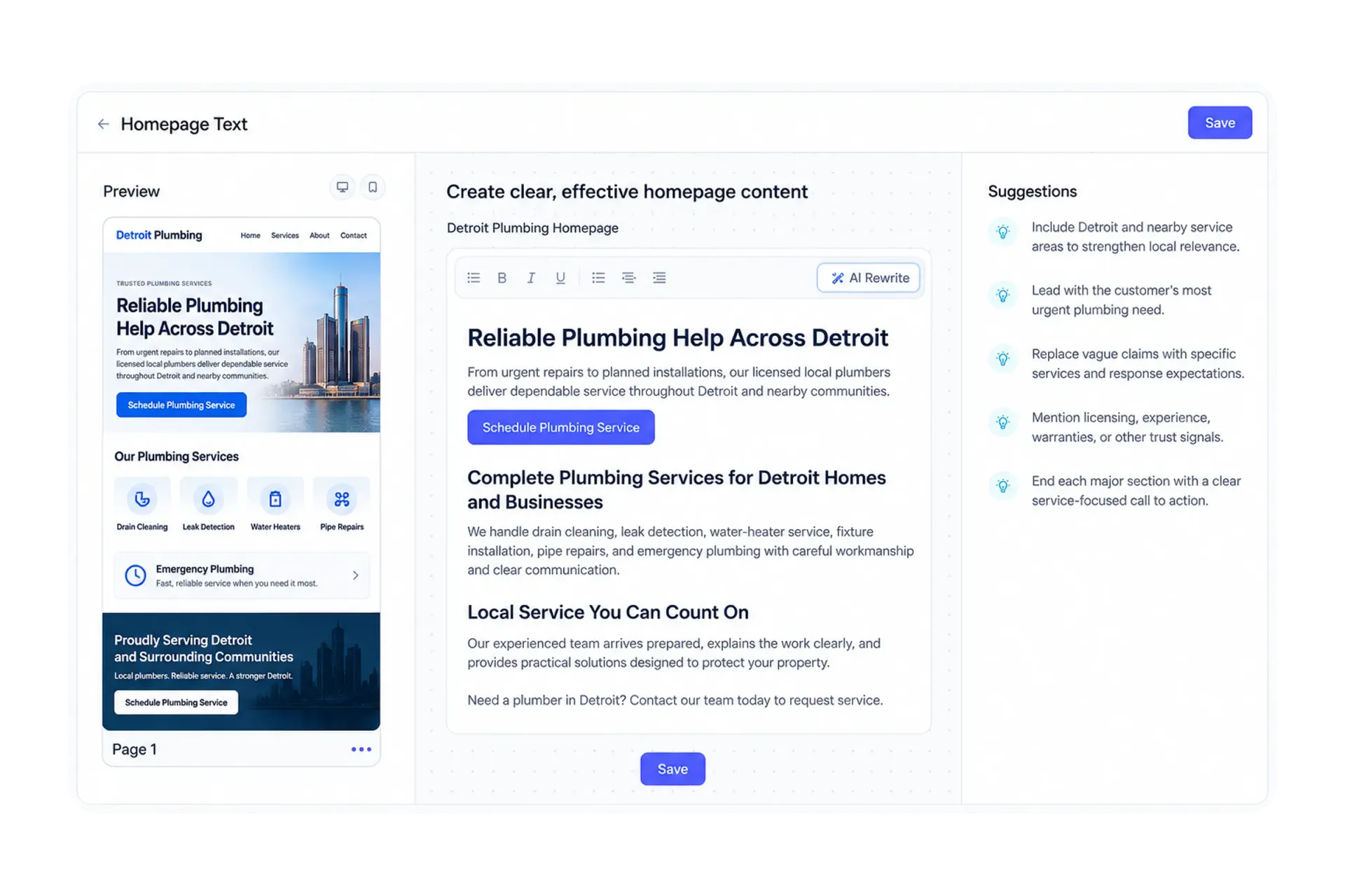 Content writing workspace creating optimized homepage copy for a Detroit plumbing company.