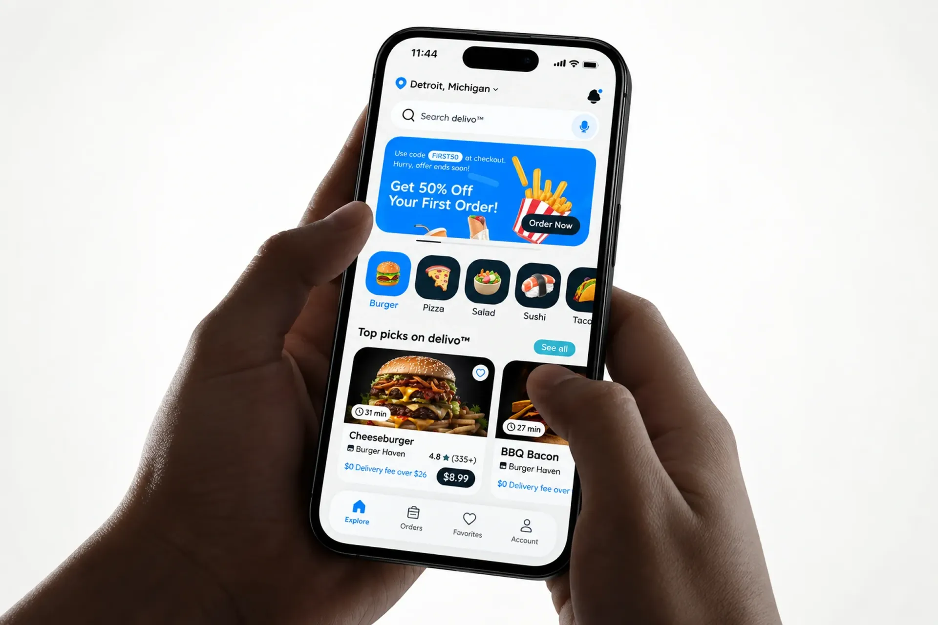 Two smartphones displaying a custom-built food delivery app interface.