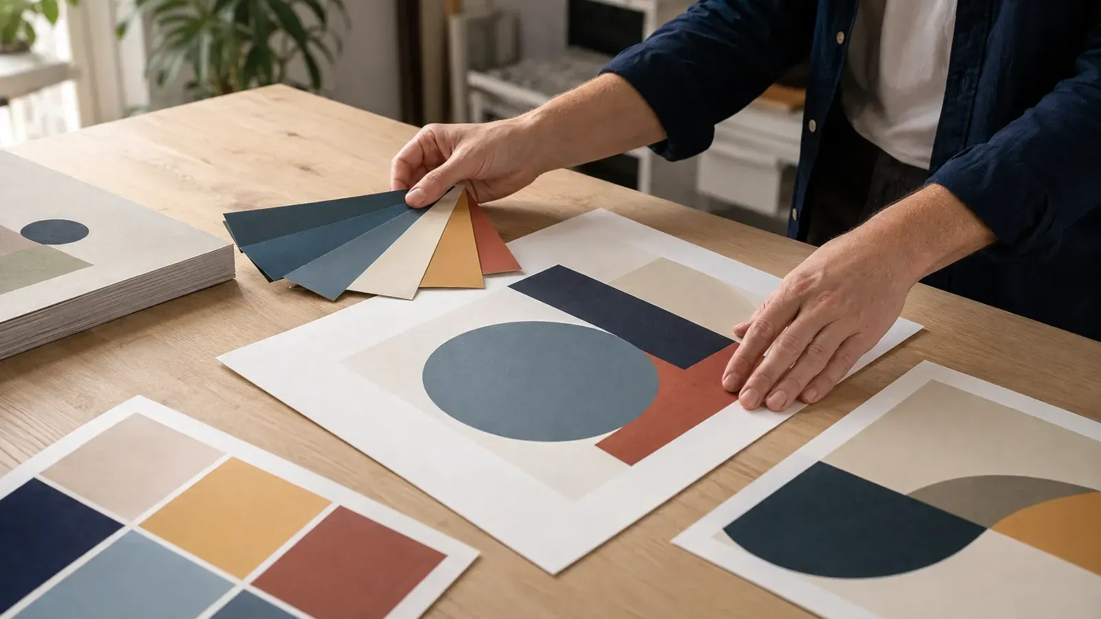Designer arranging color swatches and printed graphic design concepts.