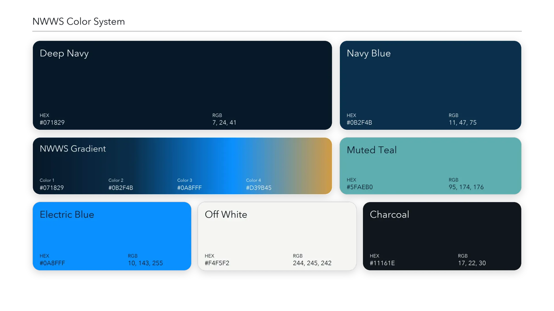 Brand color palette board showing named color swatches with hex and RGB values.