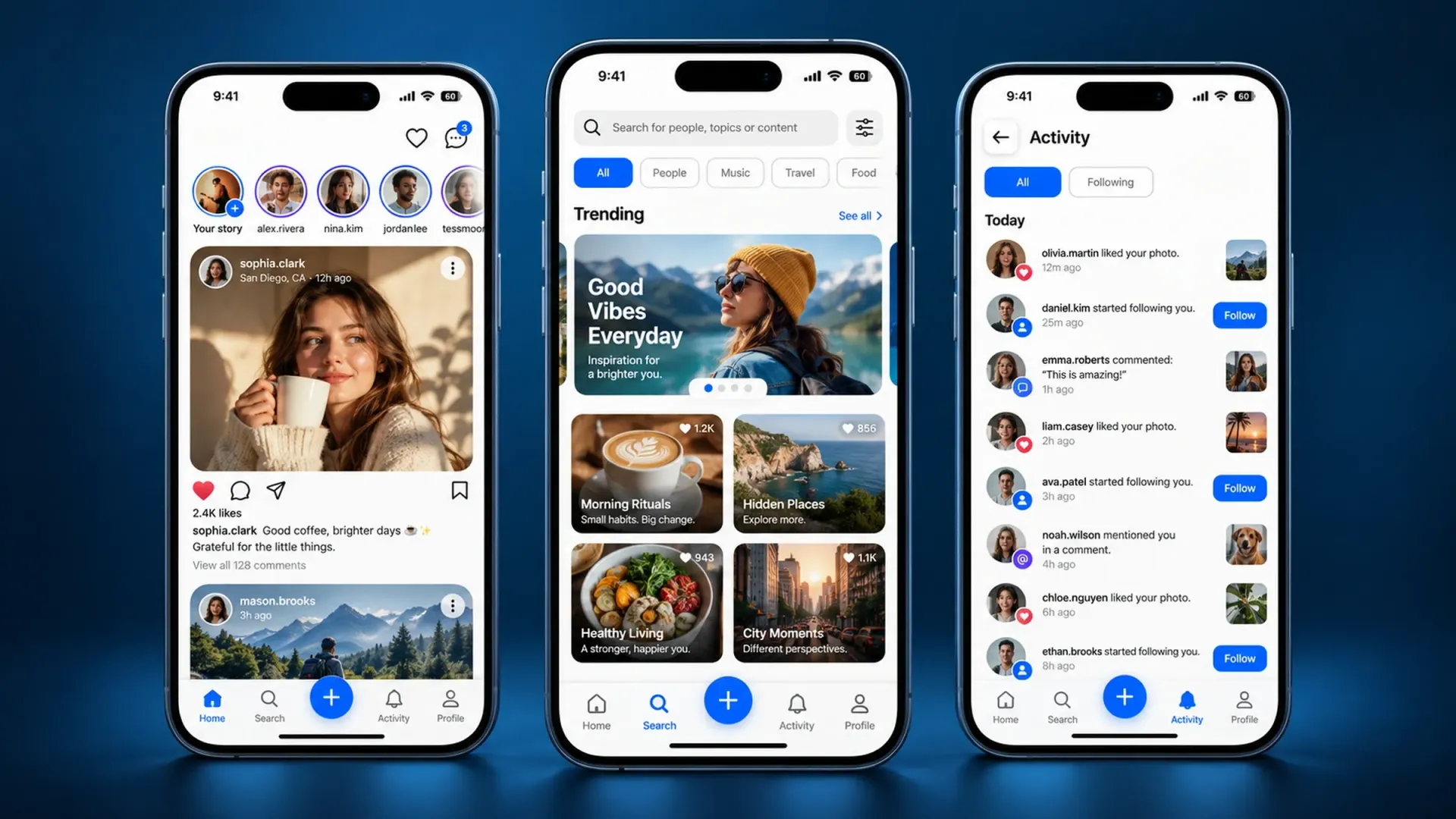 Three smartphones displaying social media content, trending posts, and audience notifications.