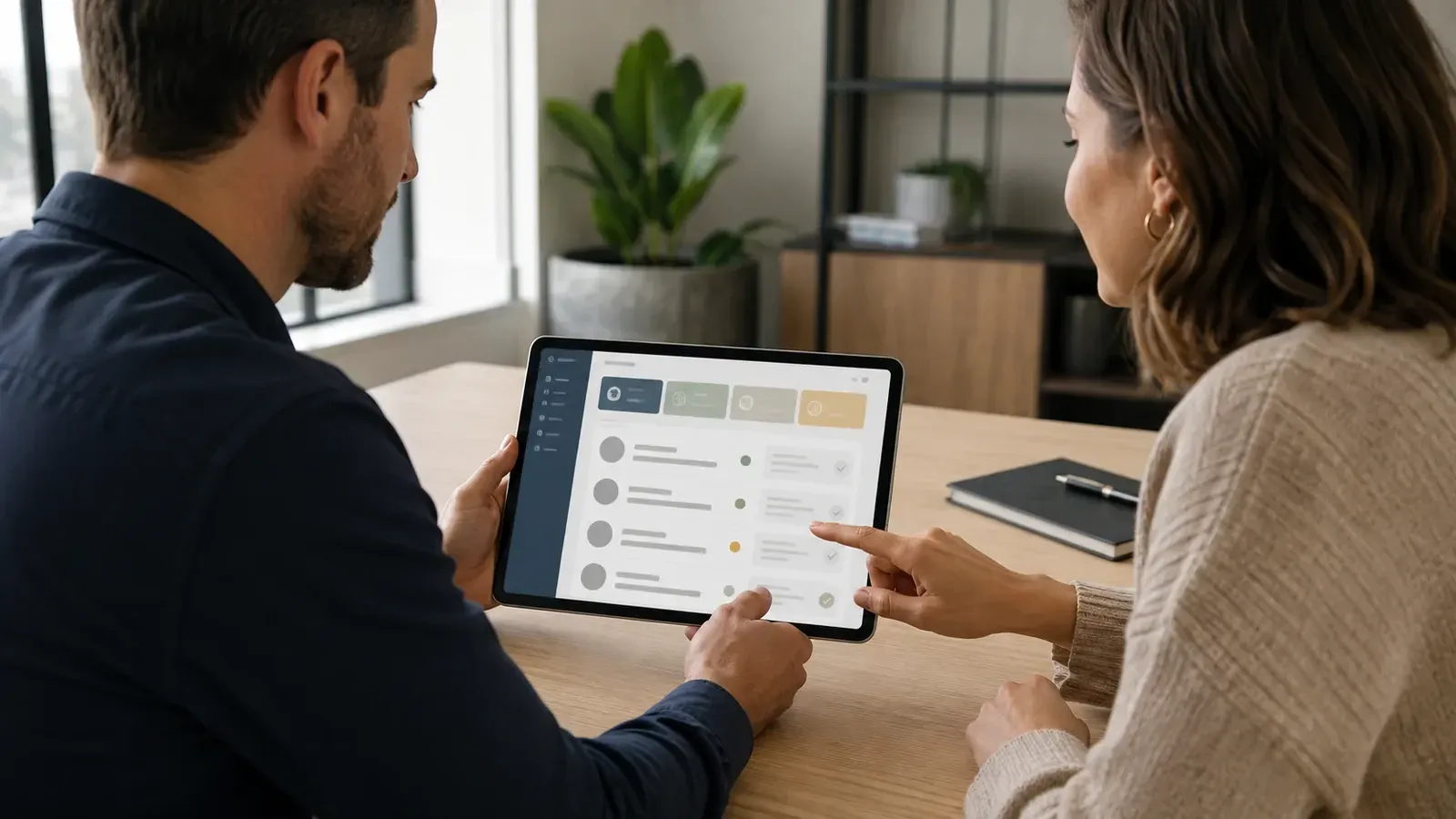Two professionals reviewing customer feedback and account information on a tablet.