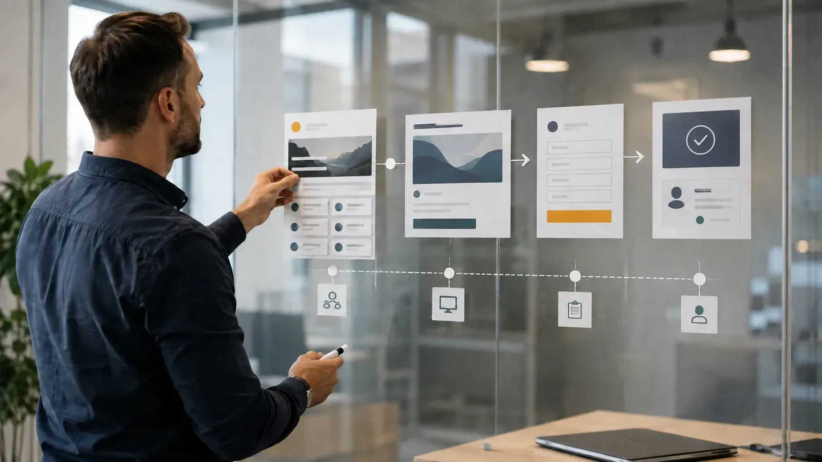 Strategist mapping a digital customer journey and conversion flow.