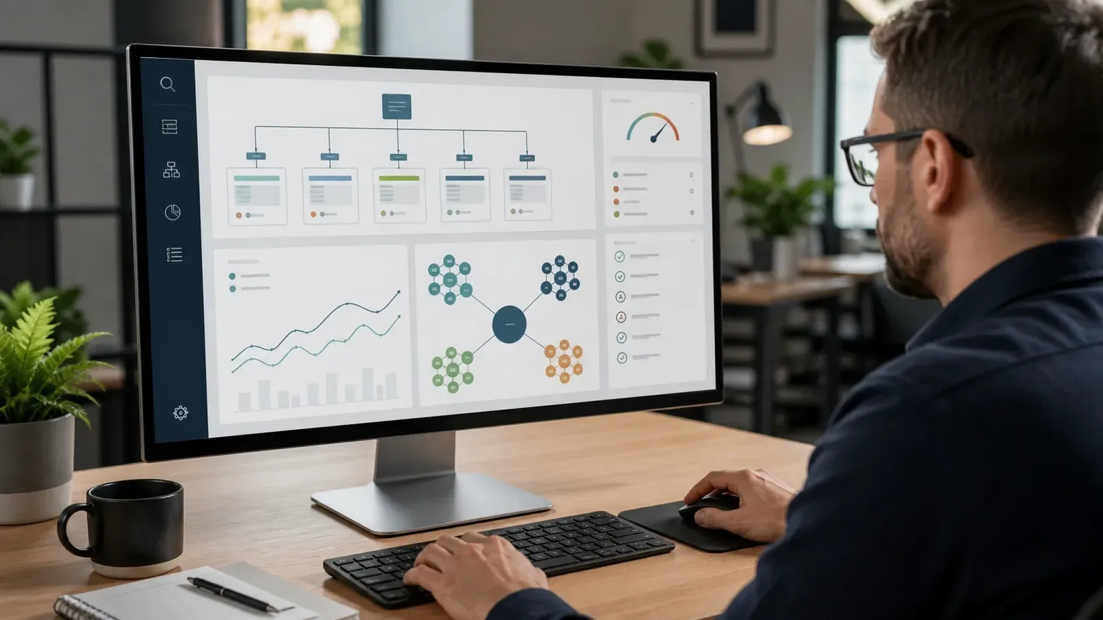 Professional reviewing search performance and analytics on a desktop monitor.