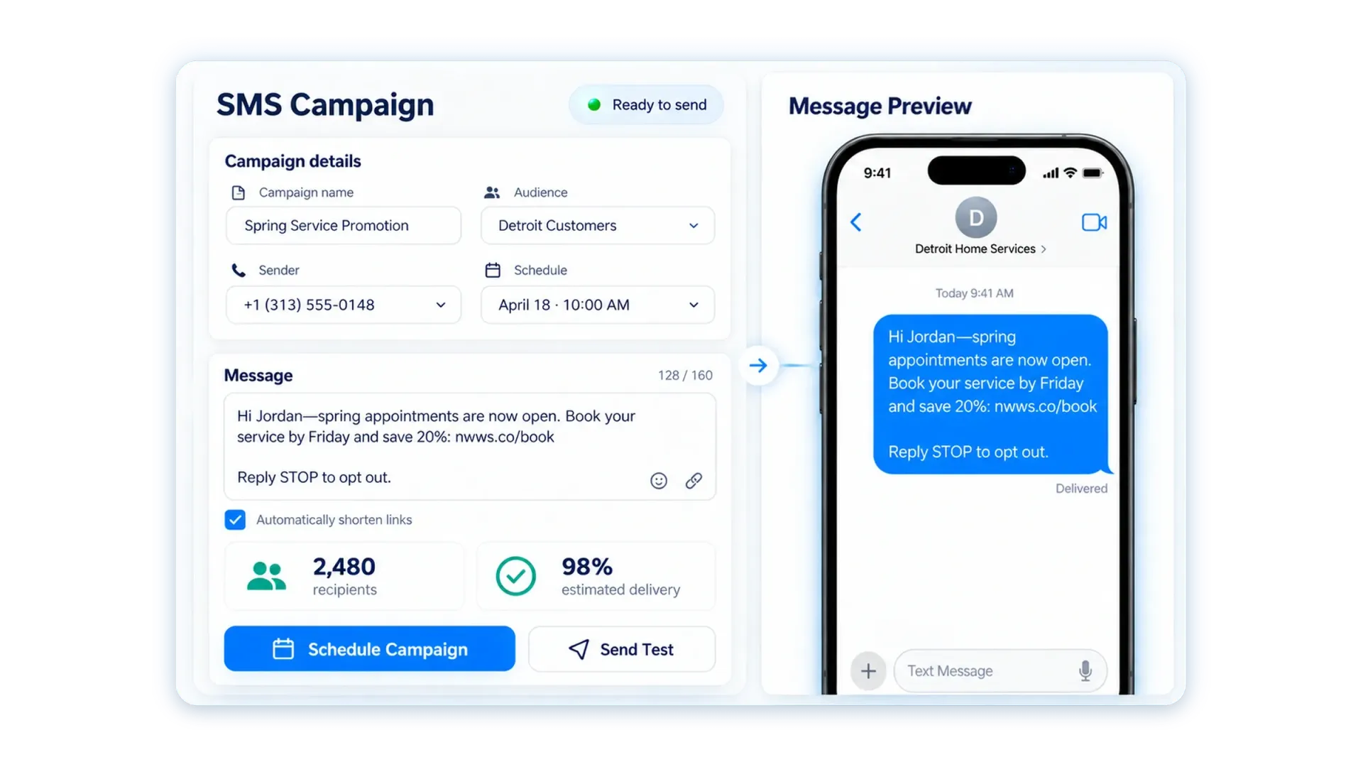 SMS campaign dashboard with audience settings, delivery statistics, and a mobile message preview.
