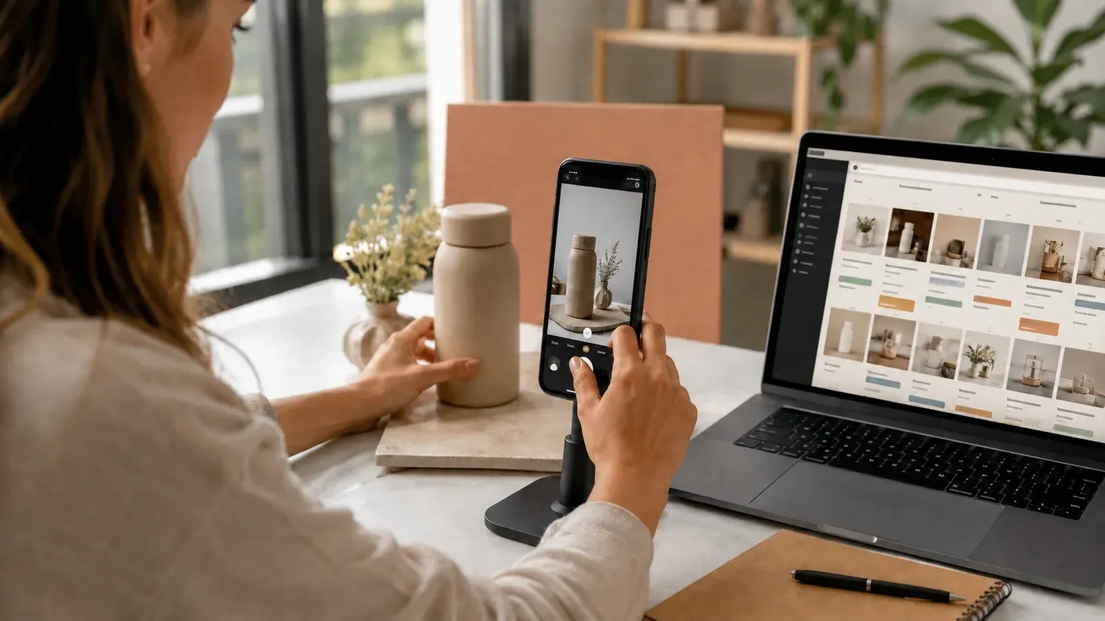 Content creator photographing a product with a smartphone beside a laptop.