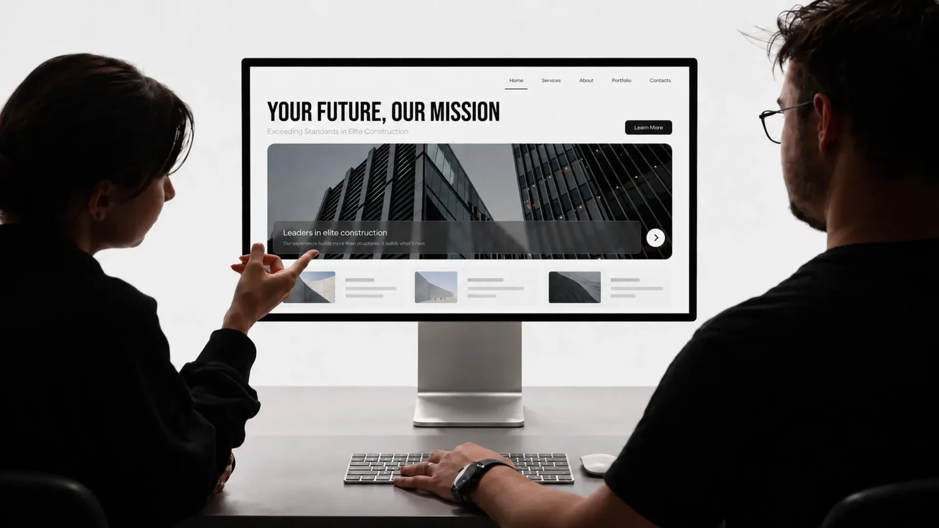 Design team reviewing a modern website on a desktop monitor.