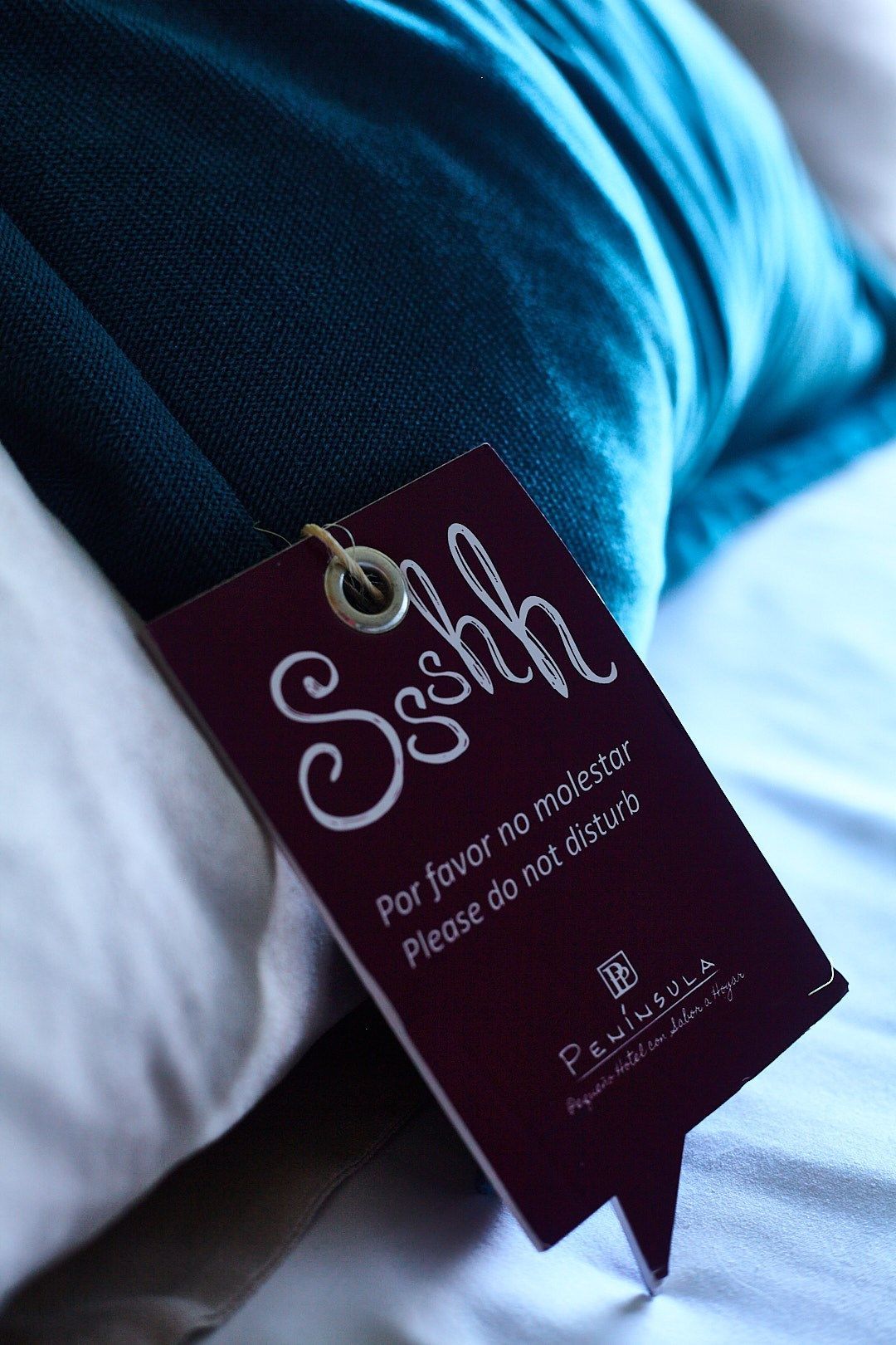 Una almohada con una etiqueta que dice ssshh