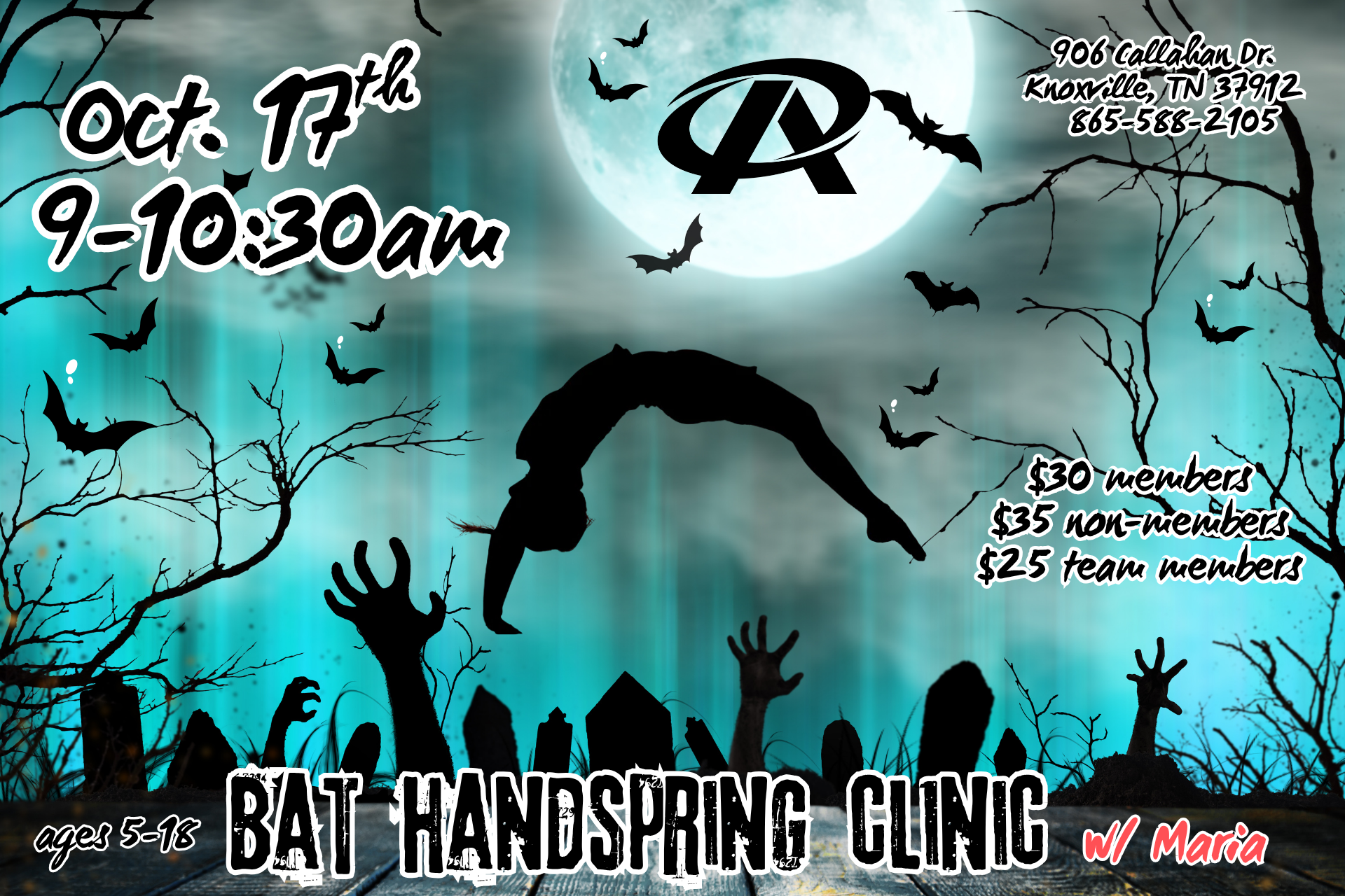 Chalkboard-style flyer for a back handspring clinic with colorful bunting, dates, times, and a red logo