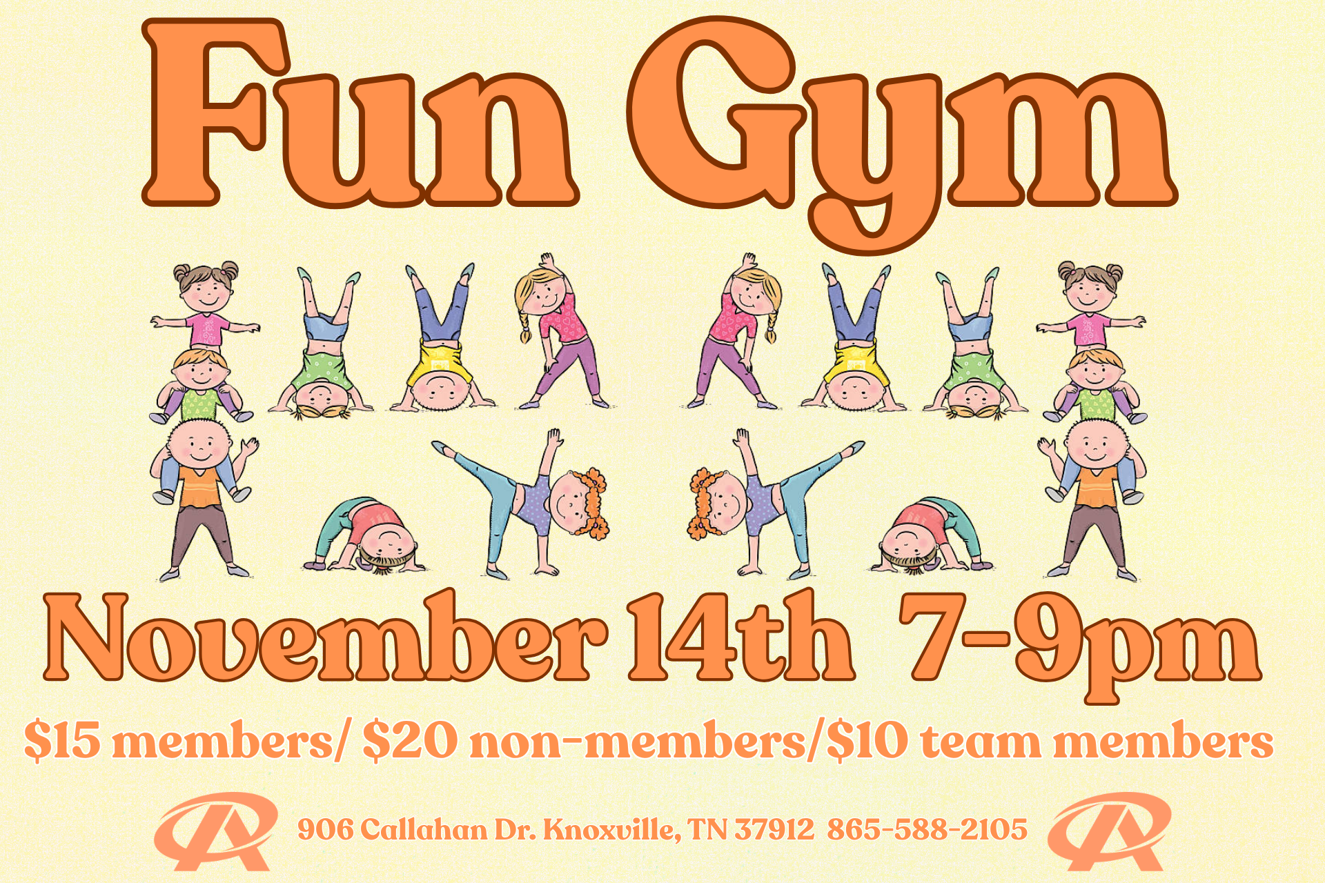 Fun Gym class flyer with smiling kids and bold orange text promoting Sept. 8-10, 7-7 PM, $15 members