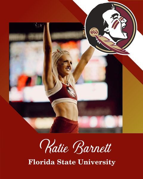 Florida State University athlete Katie Barnett posing with arms raised in garnet and gold, with Seminoles logo.