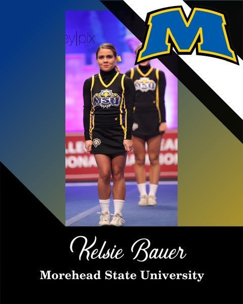 Morehead State University cheerleader Kelsie Bauer in black and gold uniform with logo backdrop
