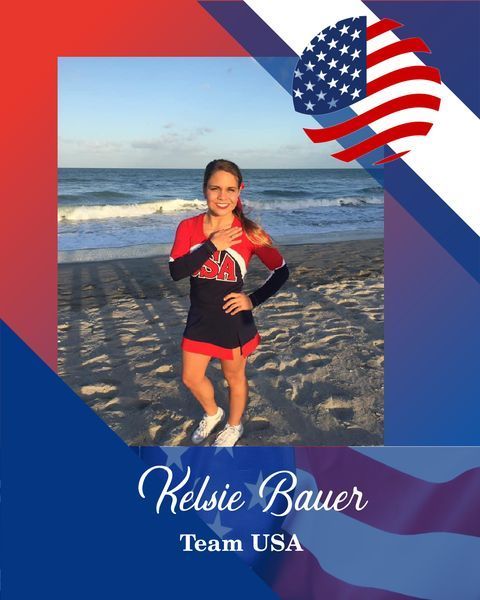 Beach volleyball-style portrait of Kelsie Bauer in red and black with USA flag and “Team USA” text