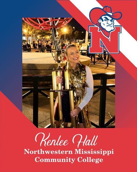 Kenlee Hall at Northwestern Mississippi Community College, smiling in a red-and-blue campus poster