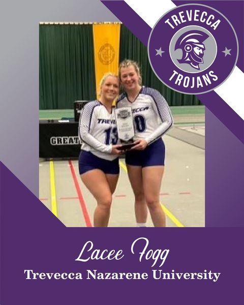 Lacee Fogg holding an award plaque on an indoor court with Trevecca Trojans branding.