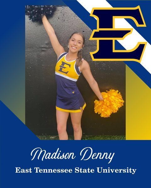 East Tennessee State University cheerleader Madison Denny in blue and gold uniform, holding pom-poms.