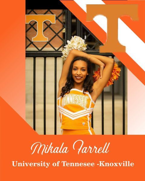 University of Tennessee–Knoxville cheerleader posing in orange uniform with pom-poms, name text “Mikala Farrell”