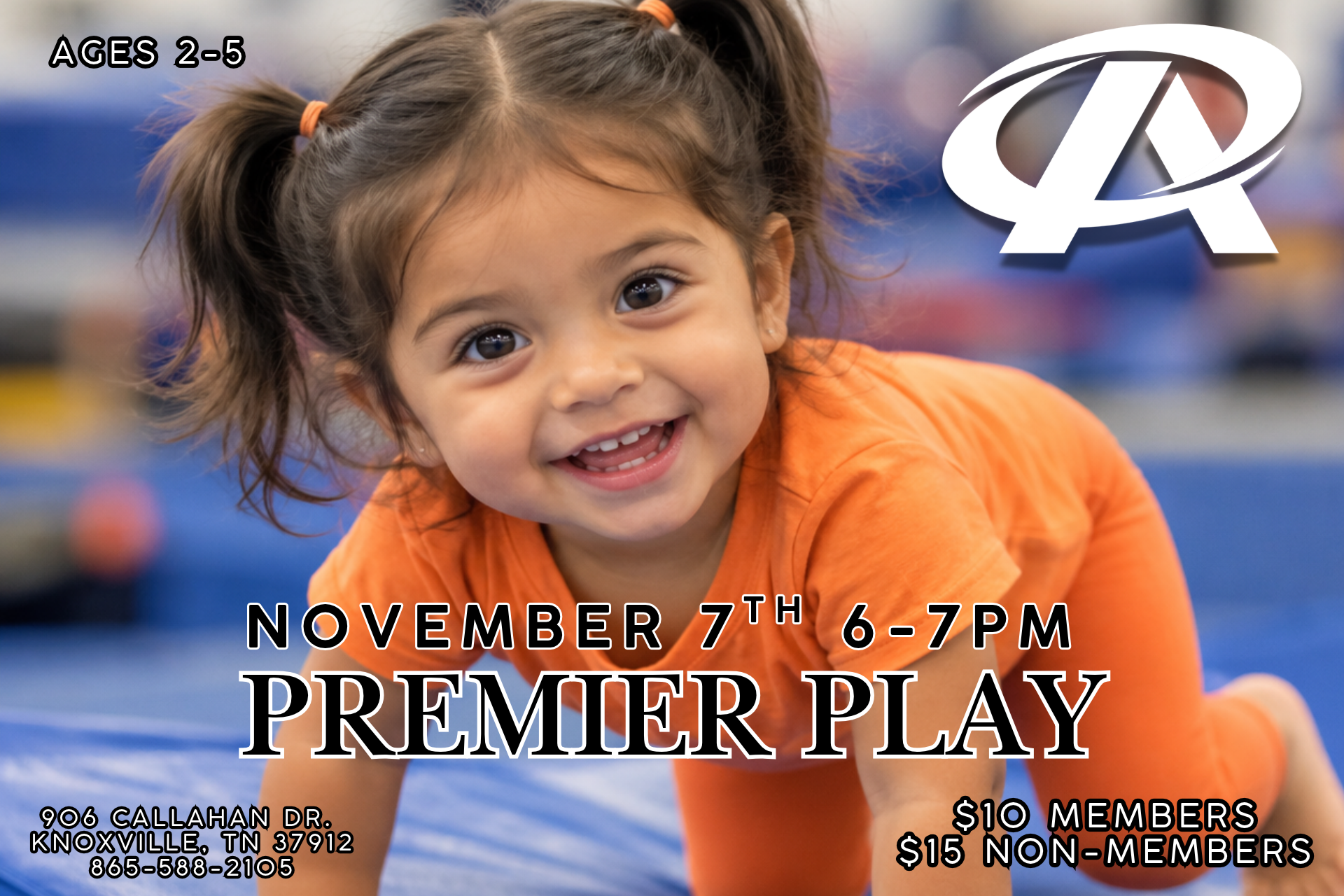 Premier Play event flyer with a cheering child, Sept. 19, 6–7 PM, membership pricing and location details