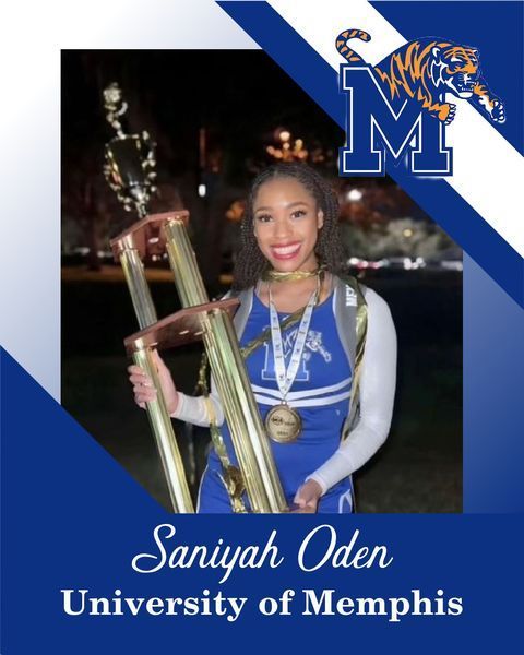 Saniyah Oden holding a trophy in blue cheer uniform, University of Memphis logo and text