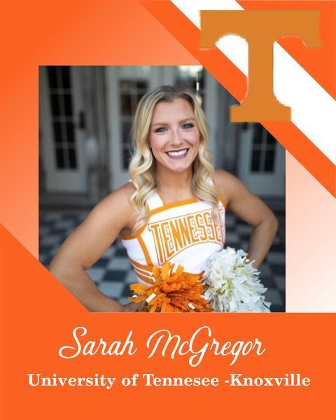 Sarah McGregor in Tennessee cheer uniform, holding pom-poms, with University of Tennessee-Knoxville text.