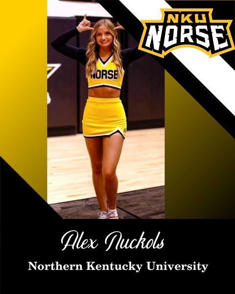 Cheerleader in yellow NKU uniform posing with hands raised; NKU Norse logo and Alex Nichols, Northern Kentucky University.