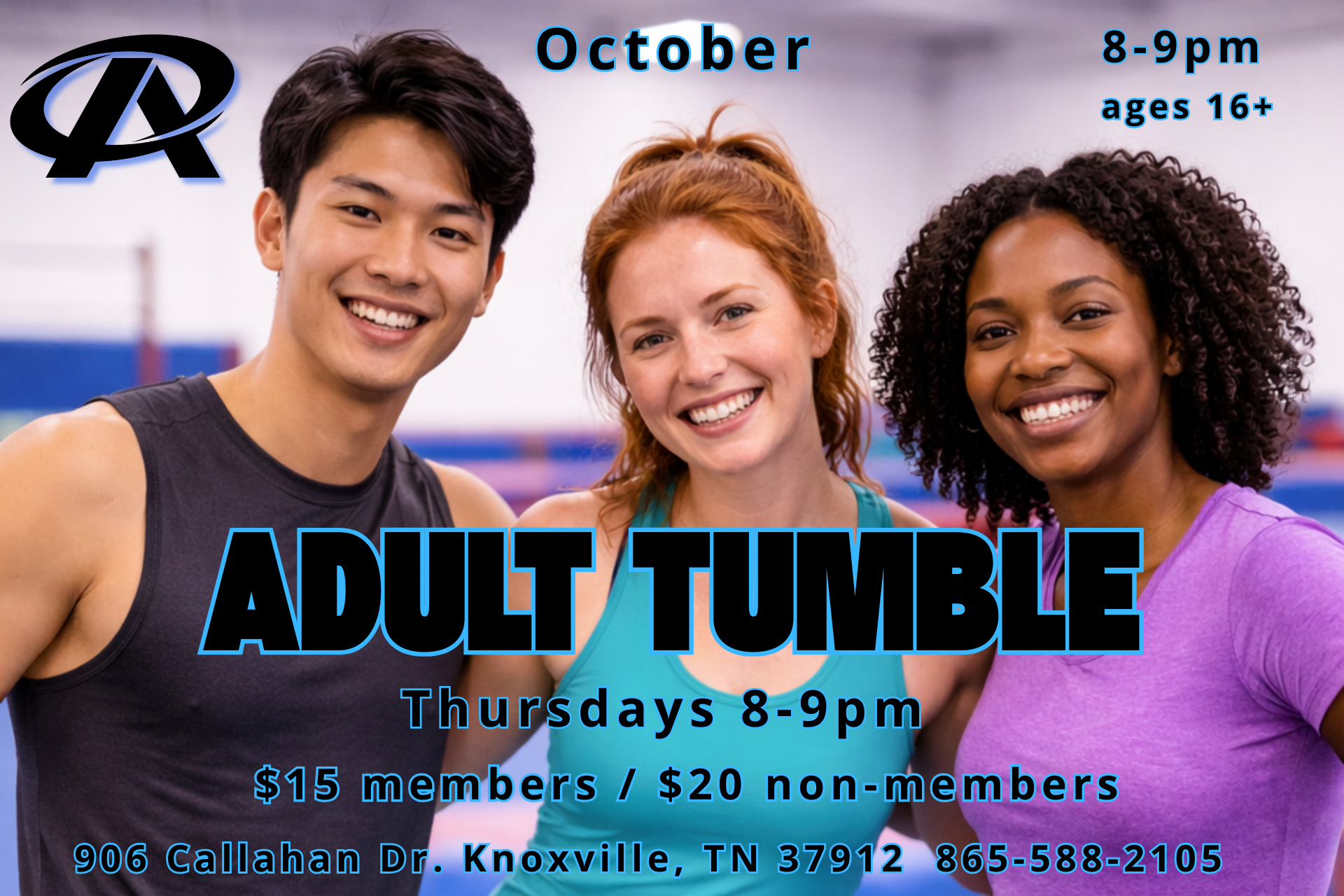 September Adult Temple event flyer with group photo, Thursdays 8-9pm at 906 Callahan Dr., Knoxville