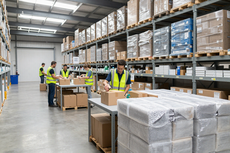 Operai di magazzino imballano scatole tra pallet impilati in un ampio corridoio di stoccaggio industriale.