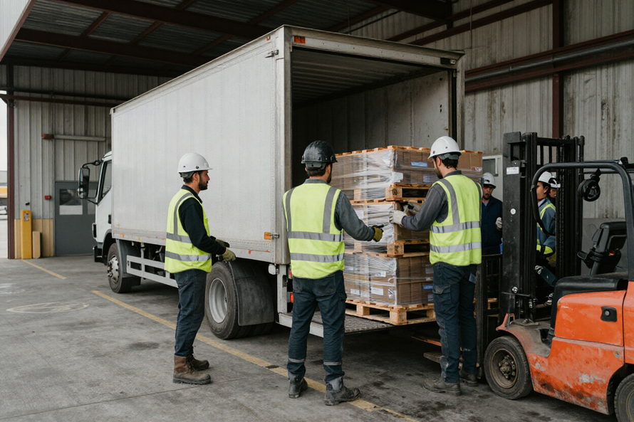 Operai scaricano pallet da un camion con un carrello elevatore all'interno di un magazzino.
