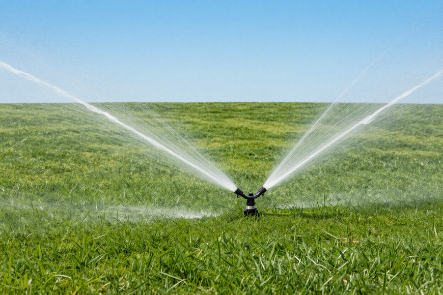 Un irrigatore da giardino spruzza acqua su un prato verde sotto un cielo limpido.
