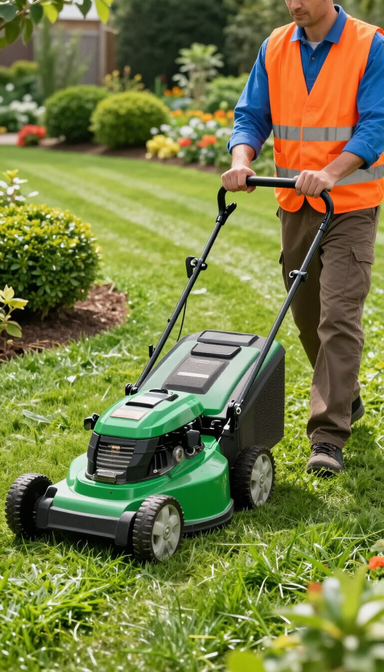 Una persona, con indosso un giubbotto di sicurezza arancione, taglia l'erba con un tosaerba verde in un giardino curato.