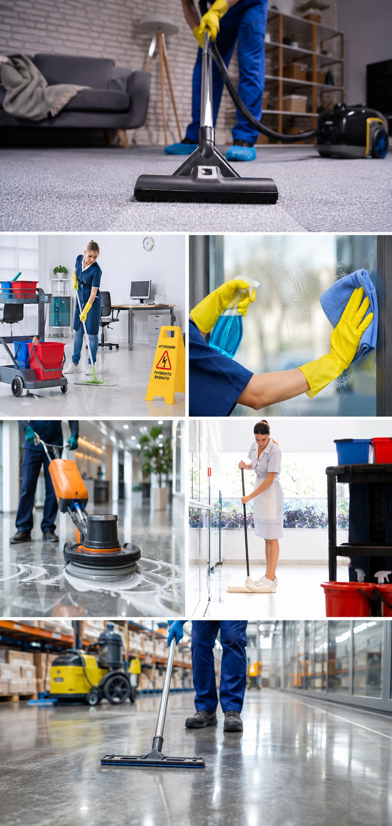 Squadra di pulizia intenta a lavare e disinfettare i pavimenti in un luminoso e moderno spazio commerciale.