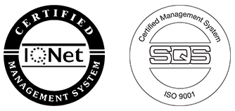 Due loghi di sistemi di gestione certificati, sigilli circolari in bianco e nero per IQNet e SGS ISO 9001.