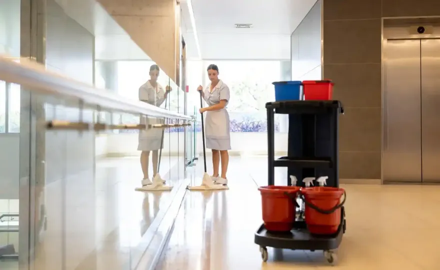 Carrello per le pulizie in un luminoso corridoio d'ufficio con secchi e prodotti accanto a un ascensore