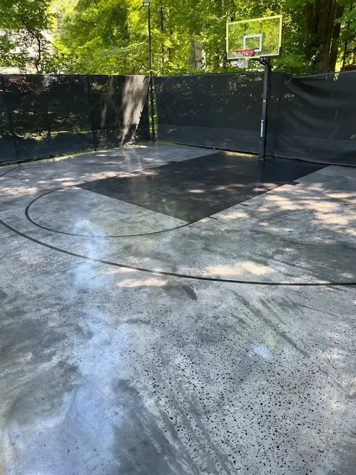 Outdoor basketball half-court with worn concrete, black fence, and hoop in a wooded setting