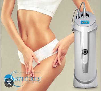 Woman adjusting white shorts beside a silver beauty device with tubes and display