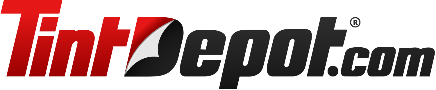 Tint Depot logo with red text and a peeling effect, the word 