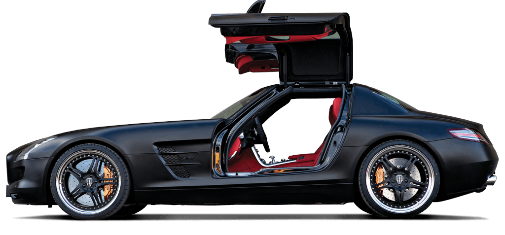Black Mercedes-Benz SLS AMG with gullwing doors open, red interior, on white background.
