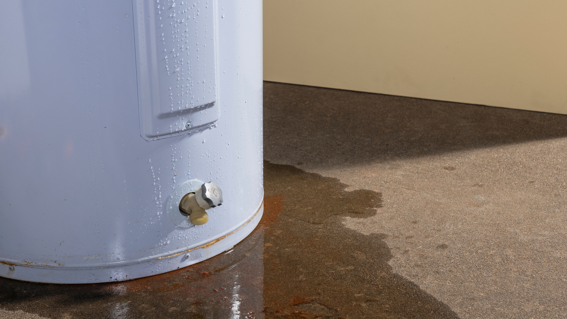 A leaking light-blue water heater stands on a concrete floor, with a puddle of water and rust forming at its base.