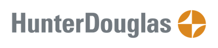 The logo for hunter douglas is gray and orange.