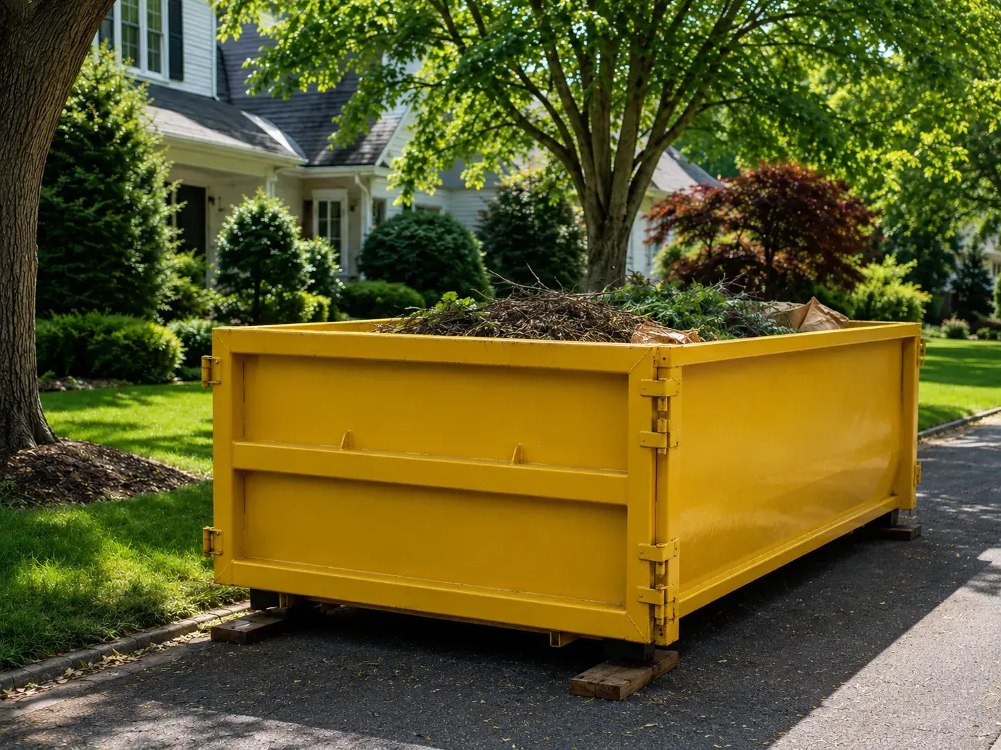 Yellow dumpster on a residential street in Matthews, NC