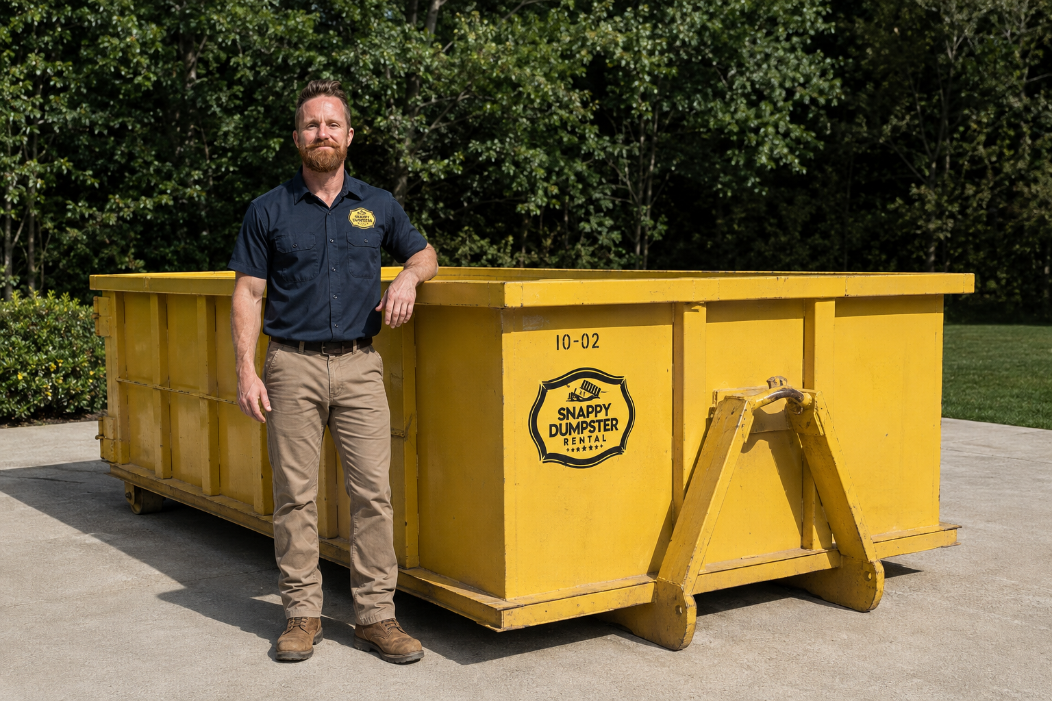 Man in Snappy Dumpster Rental uniform standing in front of a yellow 10 yard dumpster