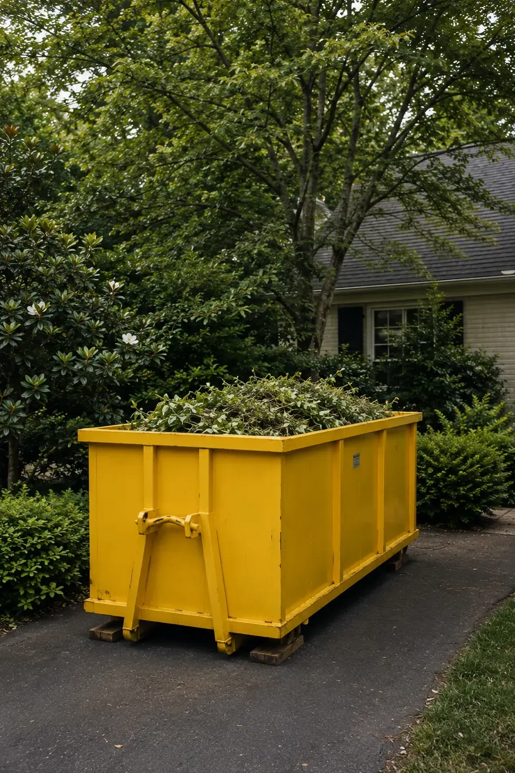Yellow dumpster filled with mixed household trash on a street, with houses in the background