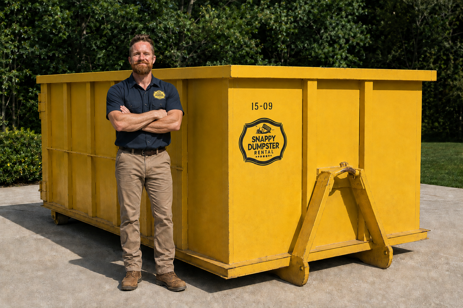 Man in Snappy Dumpster Rental uniform standing in front of a yellow 15 yard dumpster