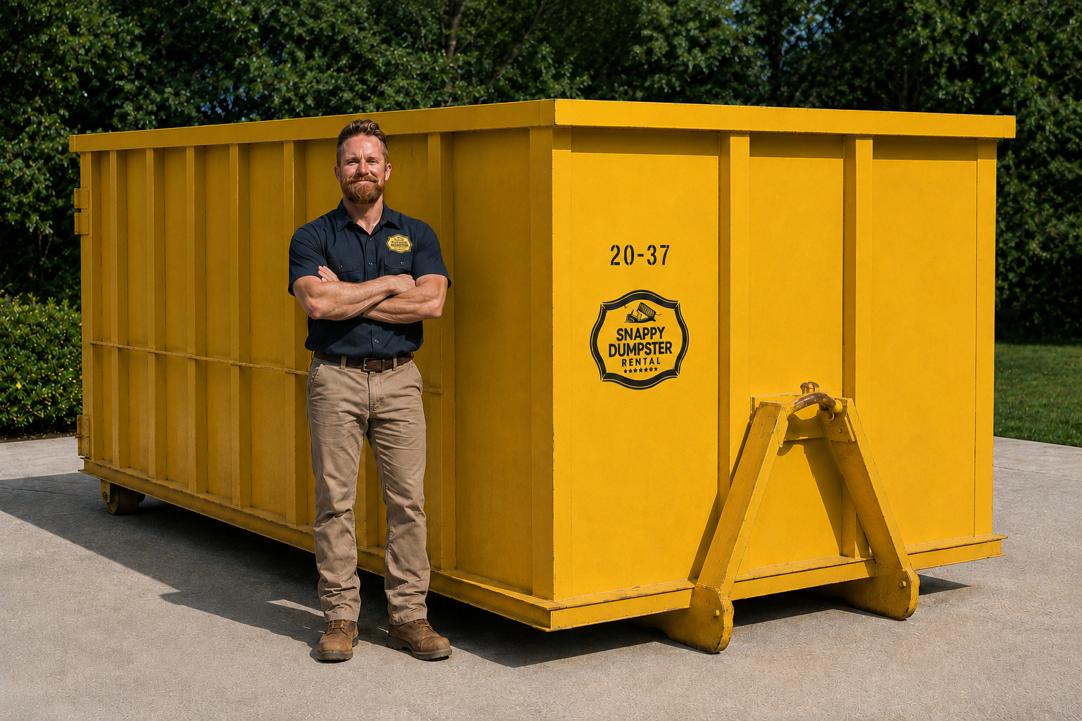 Man in Snappy Dumpster Rental uniform standing in front of a yellow 20 yard dumpster