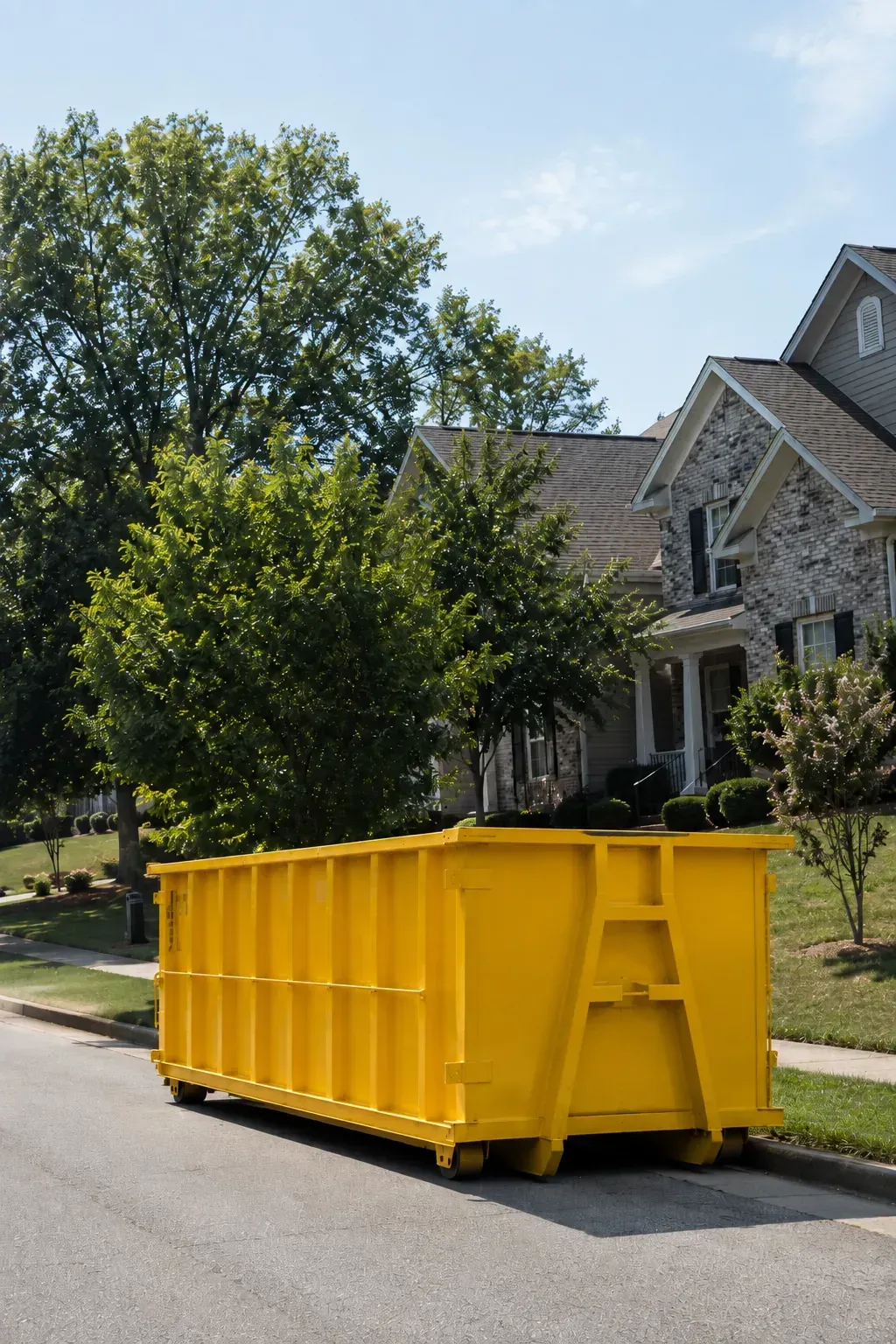 Yellow 20 yard dumpster placed on a residential street in Indian Trail