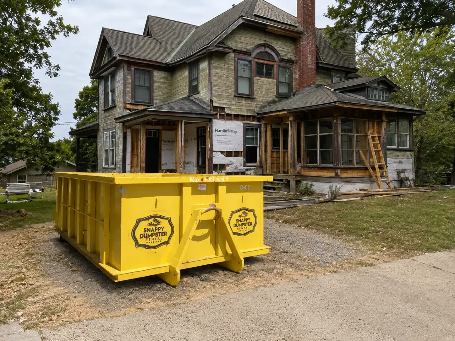 Yellow dumpster in front of a historic home that is under renovation
