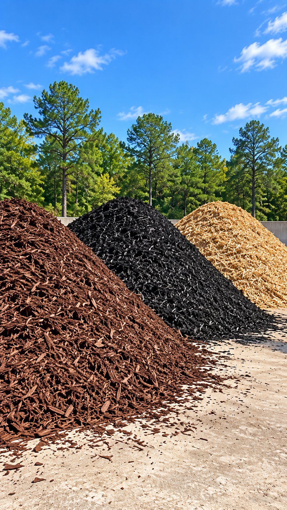 Piles of red, black and natural colored mulch at a mulch yard near Charlotte NC