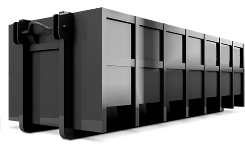 Black industrial dumpster container with metal lid and side panels on a white background