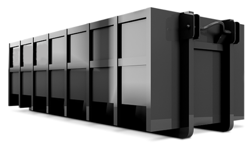 Black industrial dumpster container with metal side panels, shown in perspective on a white background