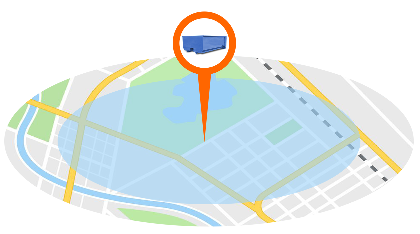Map with a location pin highlighting a blue vehicle on a city street.